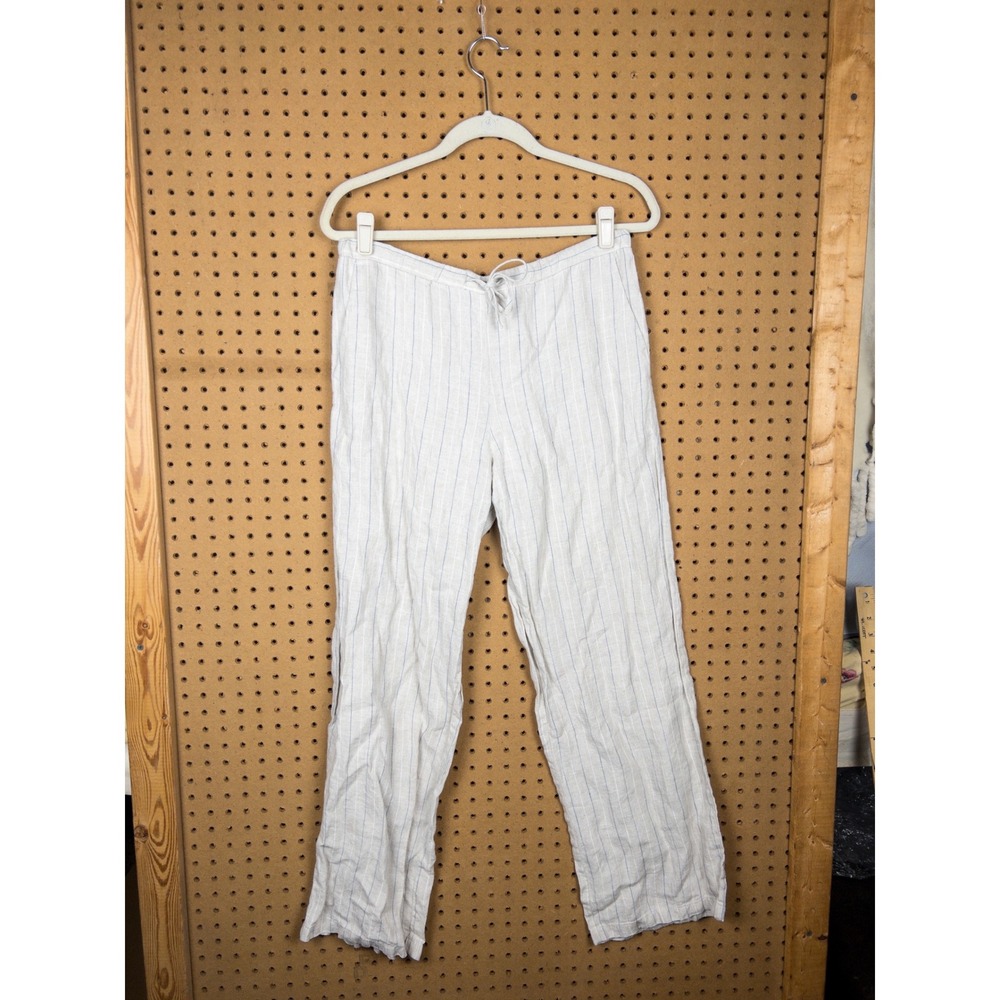 NA-KD Linen Blend Pinstripe Drawstring Pants Beige Blue Straight Leg Medium